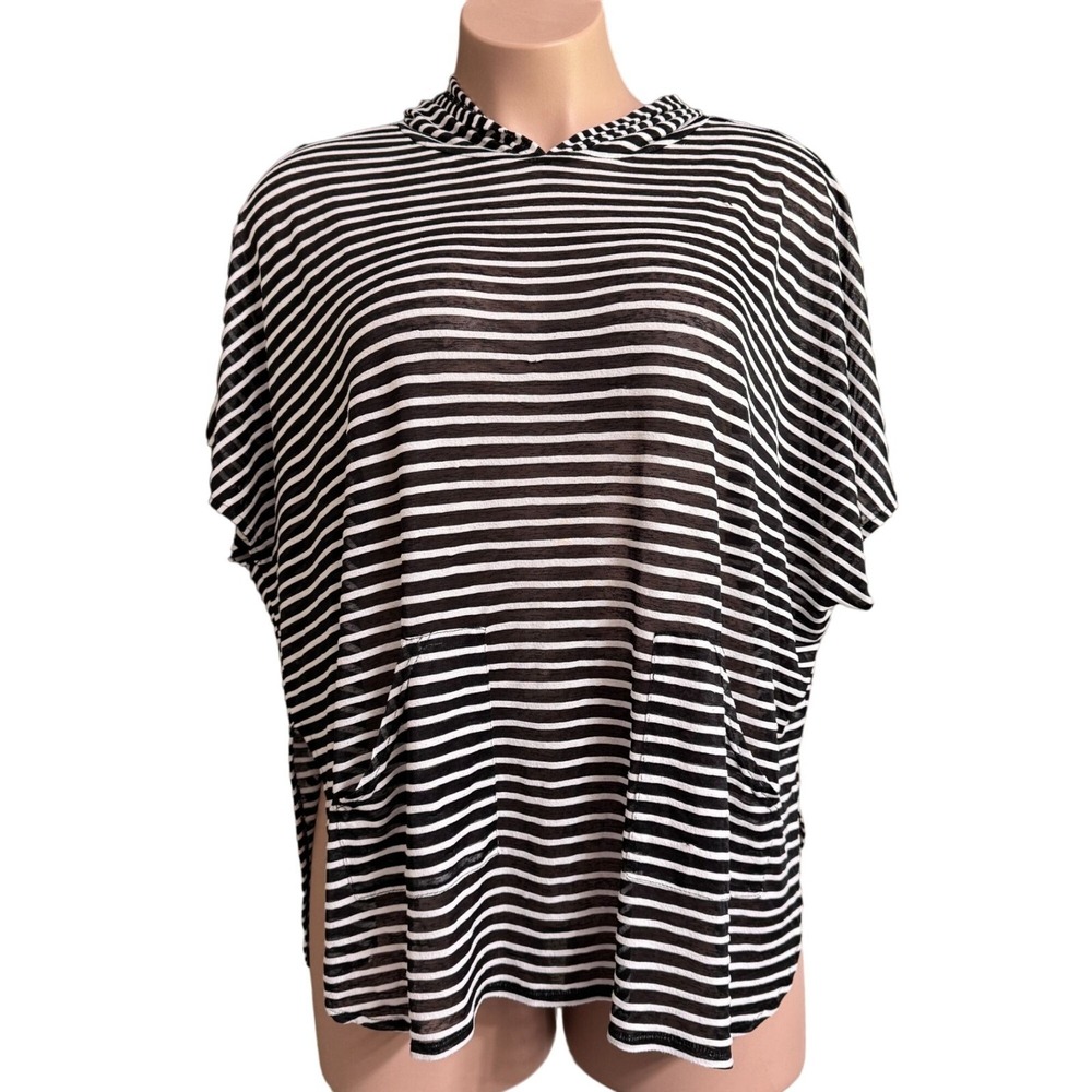 Cejon Stripe Cover Up Top Womens Sz‎ OSFM Black White Textured Hooded Semi-Sheer